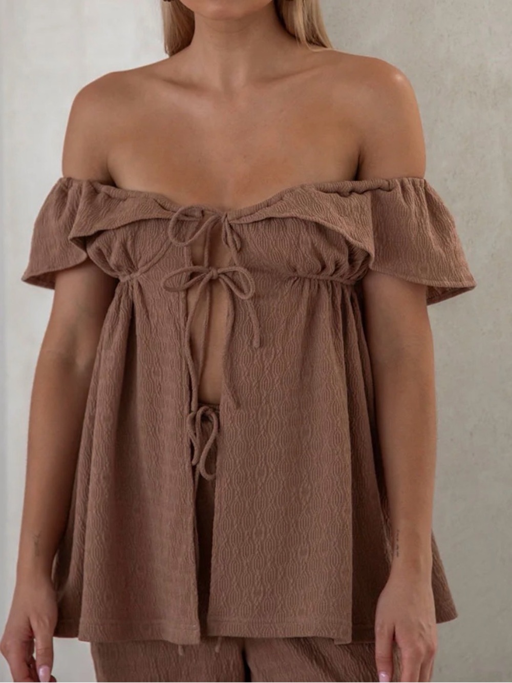 Sabo Skirt Off-Shoulder Tie-Front Kala Top in Brown
